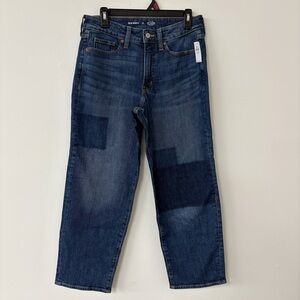 Old Navy Womens Sz 8 Petite OG Loose Straight Leg Patchwork Blue High Rise Denim